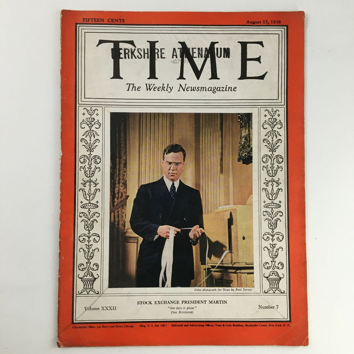Time Magazine August 15 1938 Vol 32 #7 featuring Stock Exchange President Bill Martin on the cover, showcasing the vintage 1930s design.
