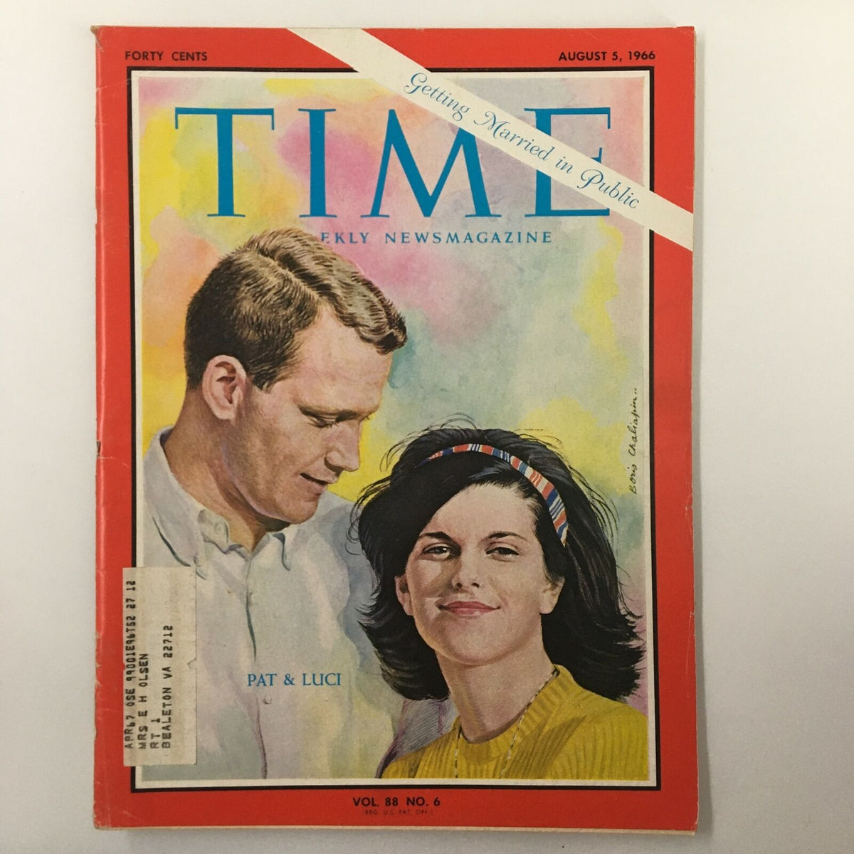 VTG Time Magazine August 5 1966 featuring Pat and Luci on the cover, with a colorful illustration capturing a public wedding. Vintage collectible magazine showcasing mid-60s pop culture and societal norms.