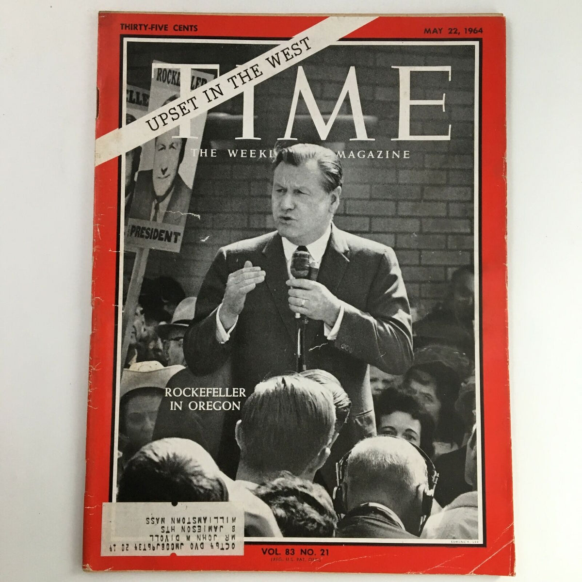 Time Magazine May 22, 1964 featuring Senator Nelson Aldrich Rockefeller on the cover, showcasing a political rally scene with Rockefeller speaking to a crowd.