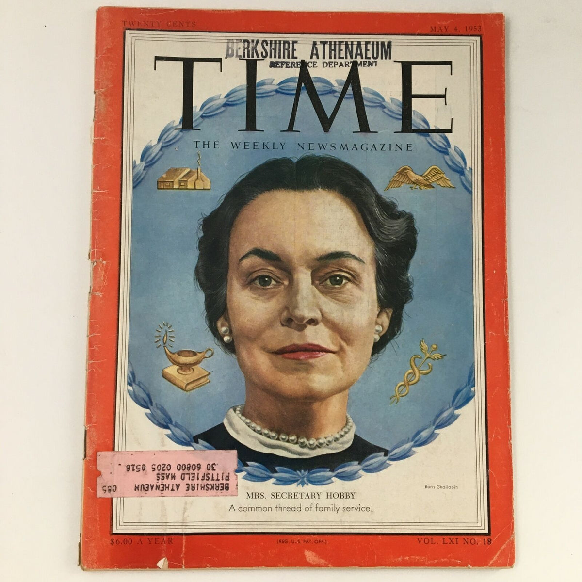 Time Magazine May 4 1953 Vol 61 #18 featuring Oveta Culp Hobby on the cover, highlighting her role as the first Secretary of the U.S. Department of Health, Education, and Welfare, with a vivid portrait and historical imagery.