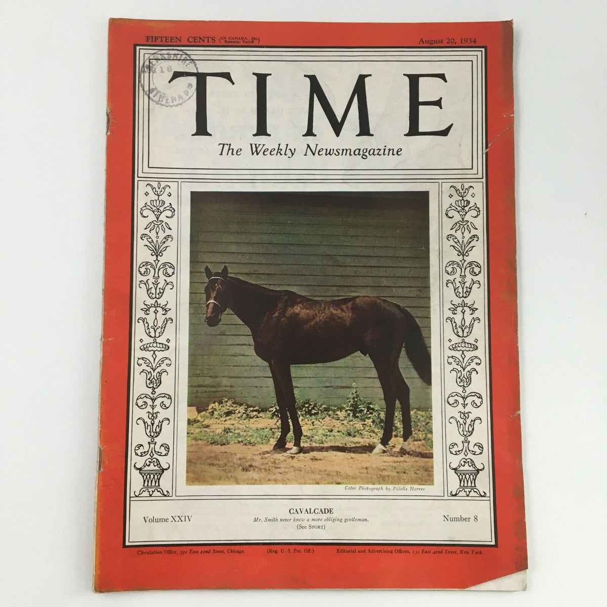 Cover of Time Magazine August 20 1934 featuring a horse, part of Volume 24 Number 8, highlighting the American Hall of Fame Champion Cavalcade.