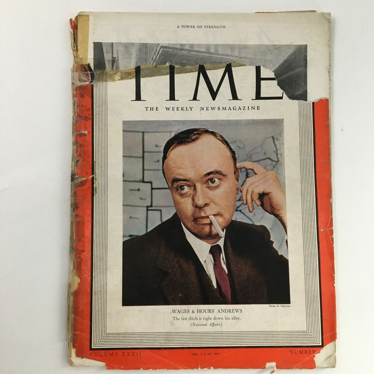 Cover of Time Magazine from November 21, 1938, Vol 32 #24 featuring Elmer F. Andrews discussing 'Wages & Hours,' showcasing wear and historical significance.