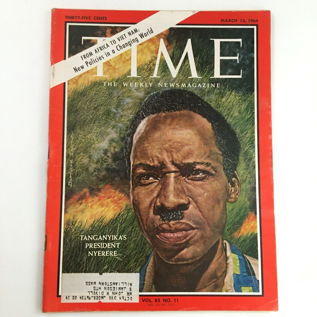 Cover of Time Magazine dated March 13, 1964, Vol 83 #11 featuring Tanzania's President Julius Nyerere, showcasing a portrait of Nyerere with artistic elements and bold colors.