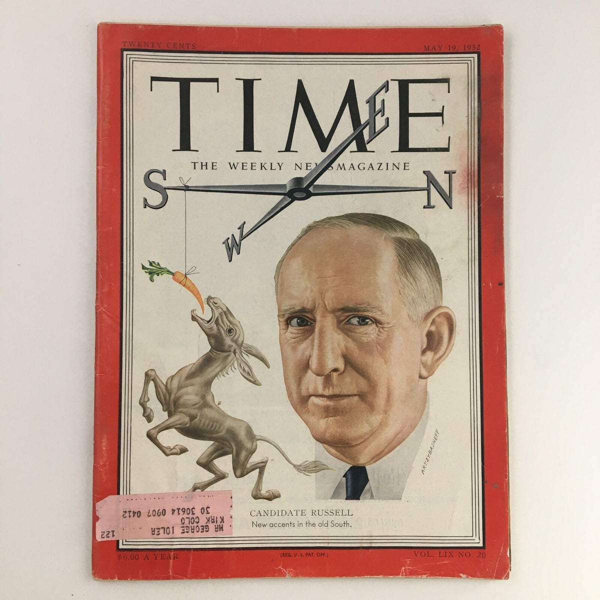 Vintage Time Magazine cover from May 19, 1952, featuring Candidate Richard Russell Jr. with a unique illustration of a donkey holding a carrot. The magazine is part of Volume LIX, No. 20, highlighting an important moment in political history.