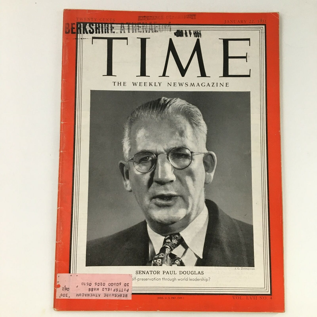Cover of Time Magazine from January 22, 1951, featuring Georgist politician Paul Howard Douglas, Volume 57, Issue 4, showcasing historical insights and political discussions.