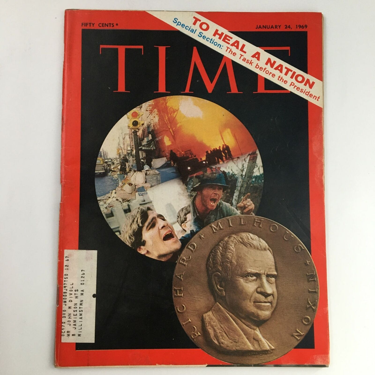 Time Magazine cover from January 24, 1969 featuring Richard Milhous Nixon, with the headline "To Heal A Nation" showcasing a pivotal moment in American history.