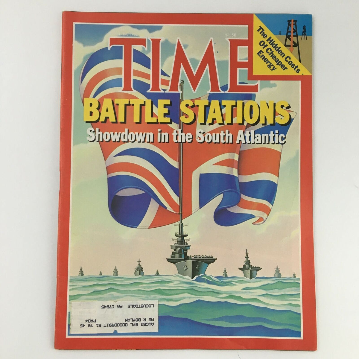 Vintage Time Magazine dated April 19, 1982, featuring the cover story 'Battle Stations: Showdown in the South Atlantic' with a prominent image of naval ships and British flags.