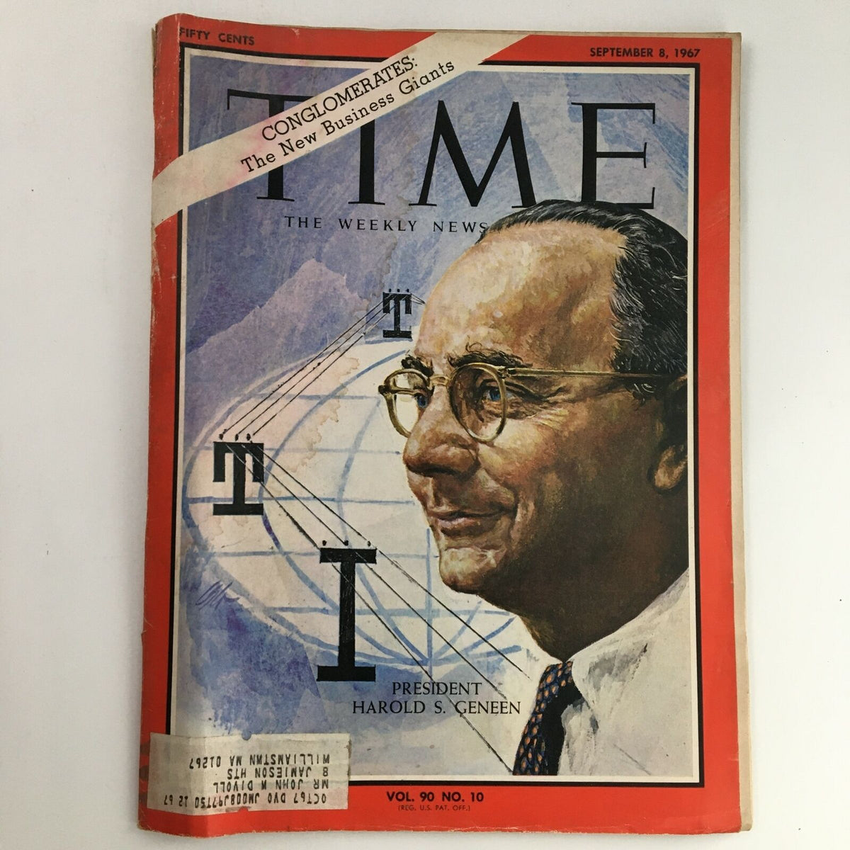 Time Magazine from September 8, 1967, featuring ITT Corp. President Harold Geneen on the cover. The magazine displays a colorful illustration with a profile of Geneen and the title 'Conglomerates: The New Business Giants'. Perfect for collectors of vintage magazines.