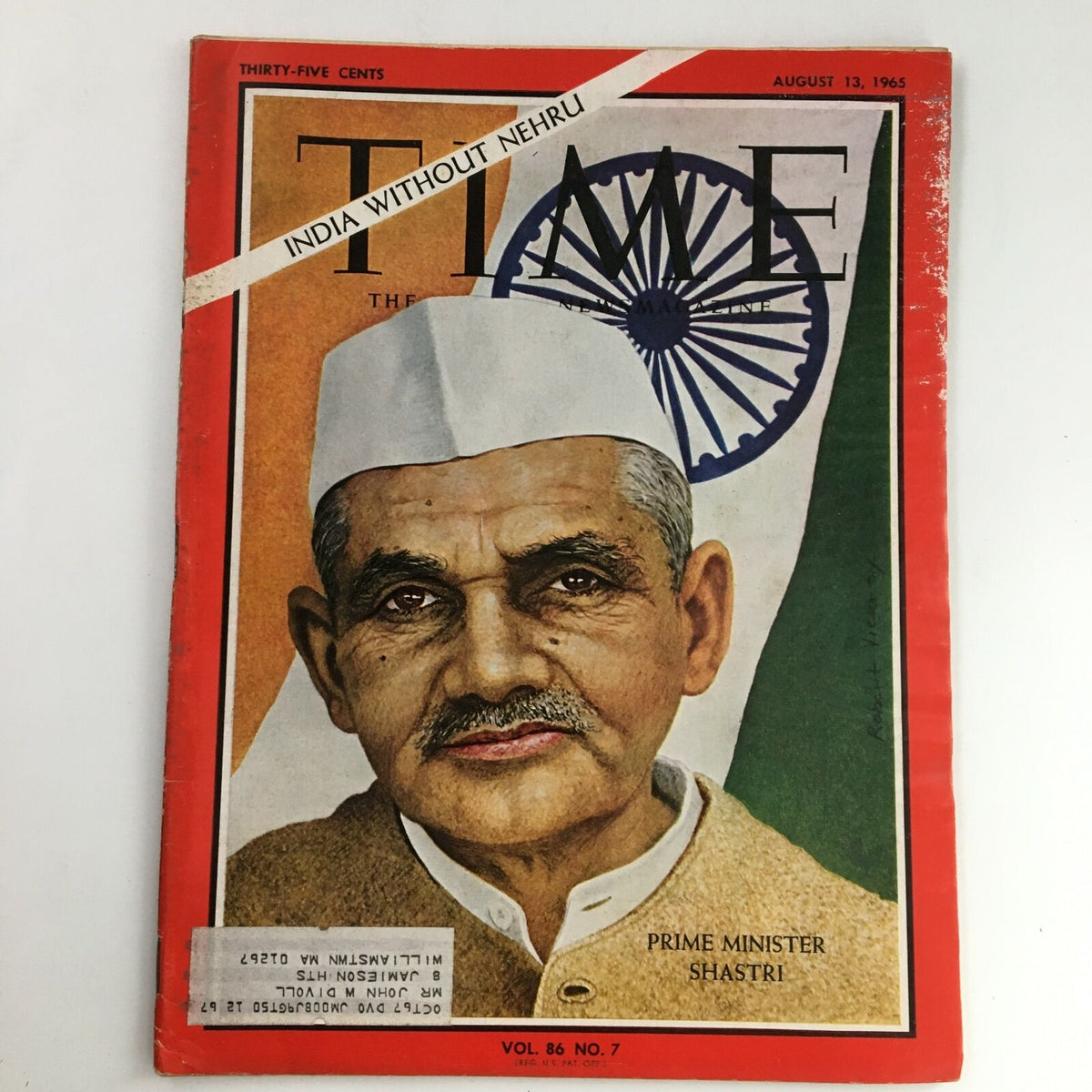 Cover of Time Magazine August 13, 1965, Vol 86 #7 featuring India Prime Minister Lal Bahadur Shastri, highlighting the flag and emblem of India.