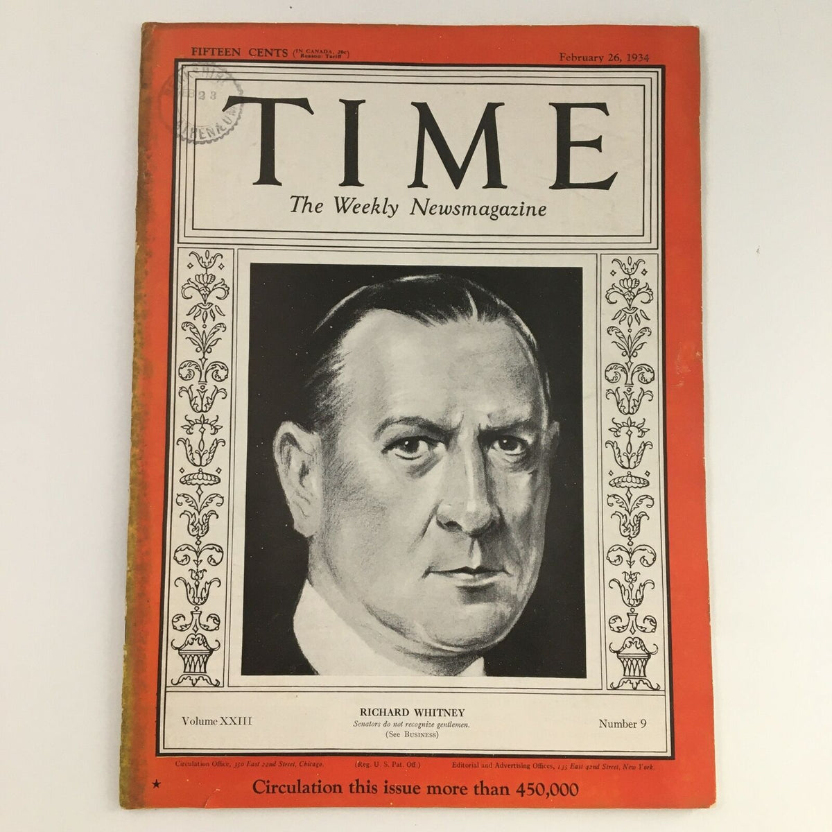 Cover of Time Magazine, February 26, 1934, featuring American financier Richard Whitney. This vintage magazine illustrates financial history during the Great Depression.