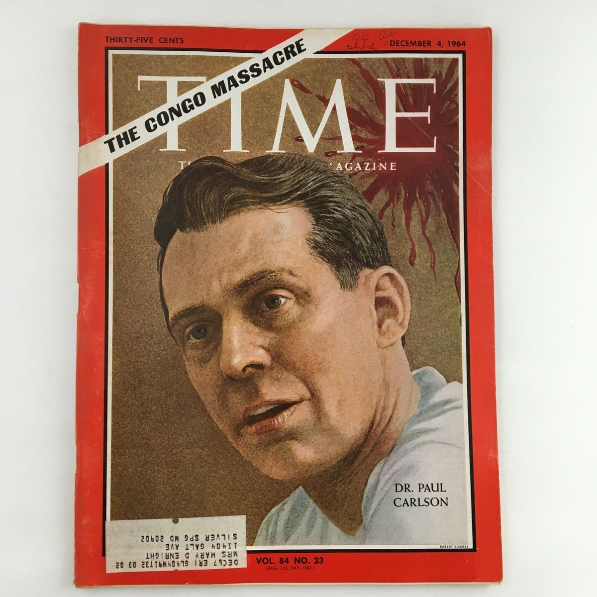 Time Magazine October 4, 1964 Cover featuring Dr. Paul Carlson with a bold headline about the Congo Massacre, showcasing historical significance.