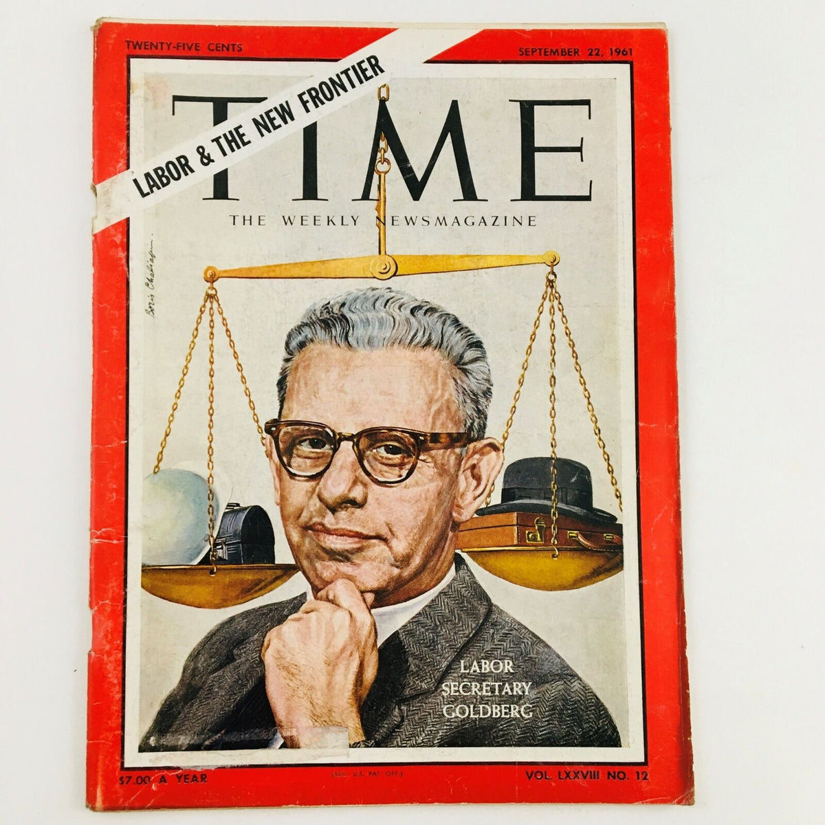 Vintage Time Magazine from September 22, 1961, Volume 78, Number 12, featuring Labor Secretary Arthur Goldberg on the cover, highlighting labor issues and history.