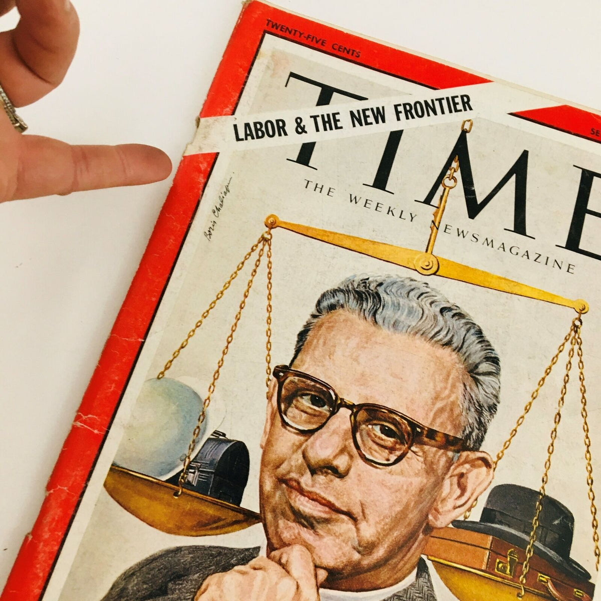 Cover of VTG Time Magazine from September 22, 1961, featuring Labor Secretary Arthur Goldberg, with the headline 'Labor & The New Frontier' and a visual element depicting a scale, symbolizing labor issues.