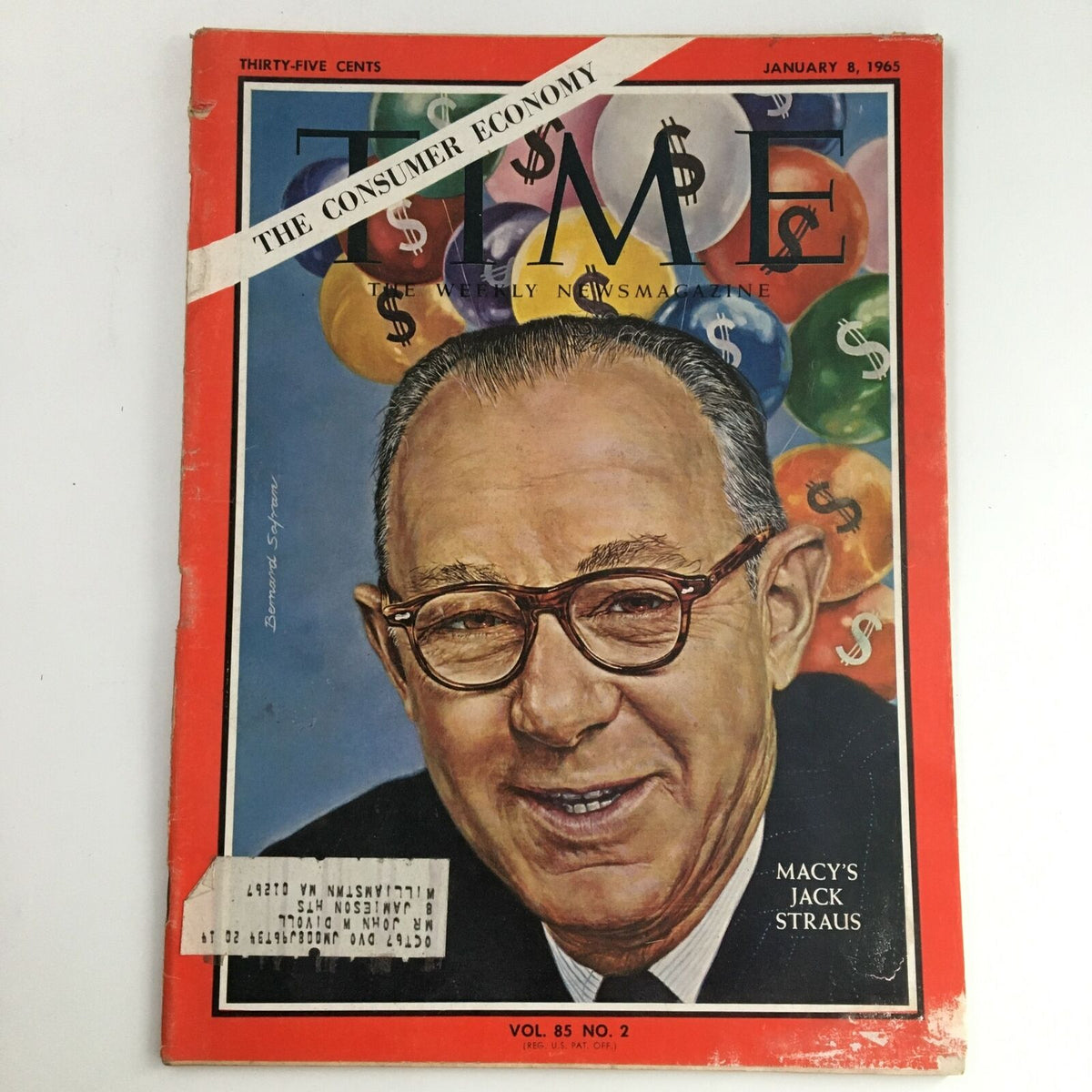 Cover of Time Magazine January 8, 1965, Vol 85 #2 featuring Macy's co-owner businessman Isidor Straus with vibrant colors and dollar signs.
