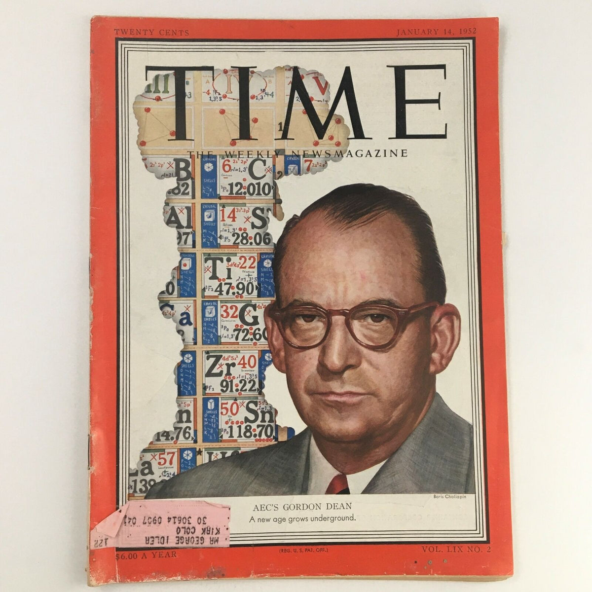 Time Magazine January 14 1952 Vol LIX No. 2 featuring AEC's Lawyer Gordon Dean on the cover, showcasing vintage design and historical significance.