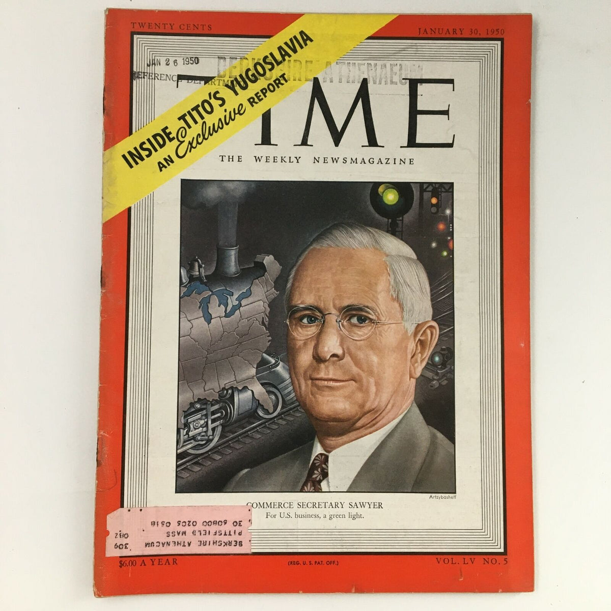 Time Magazine cover from January 30, 1950, Volume 55, Issue 5 featuring U.S. Secretary of Commerce Charles W. Sawyer, with a colorful illustration and a yellow banner indicating an exclusive report on Tito's Yugoslavia.