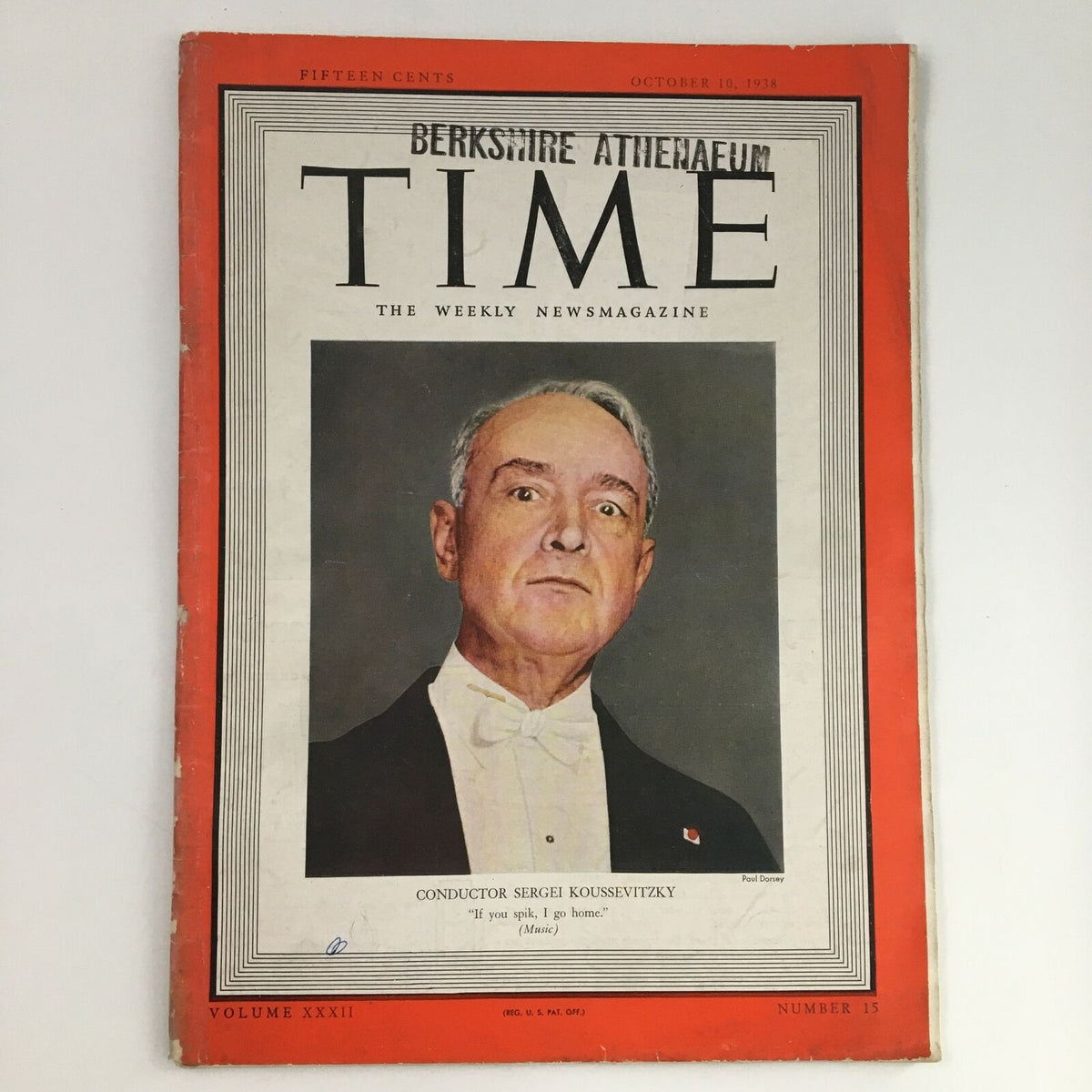 Time Magazine cover from October 10, 1938, featuring Russian conductor Serge Koussevitzky. This vintage publication highlights cultural insights from the 1930s.