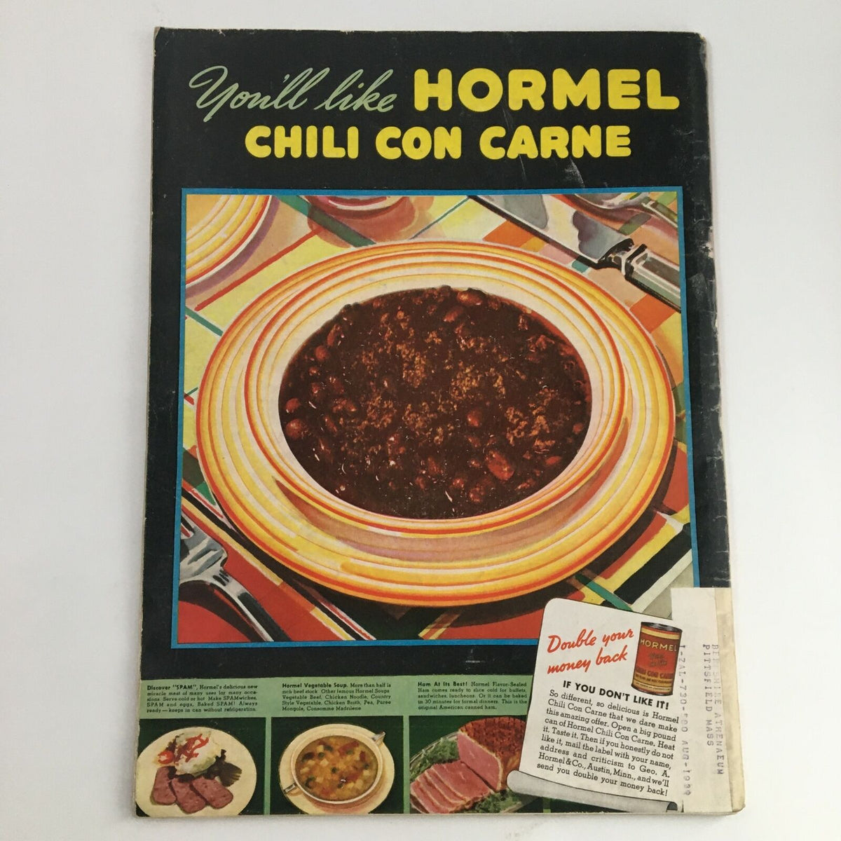 Vintage advertising for Hormel Chili Con Carne, showcasing a colorful plate of chili dish. This magazine cover reflects mid-20th century food marketing.