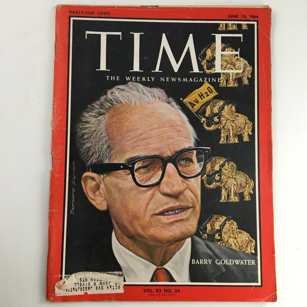 Cover of Time Magazine, June 12, 1964, Vol 83 #24 featuring former American Senator Barry Goldwater, showcasing his portrait and iconic political symbolism.