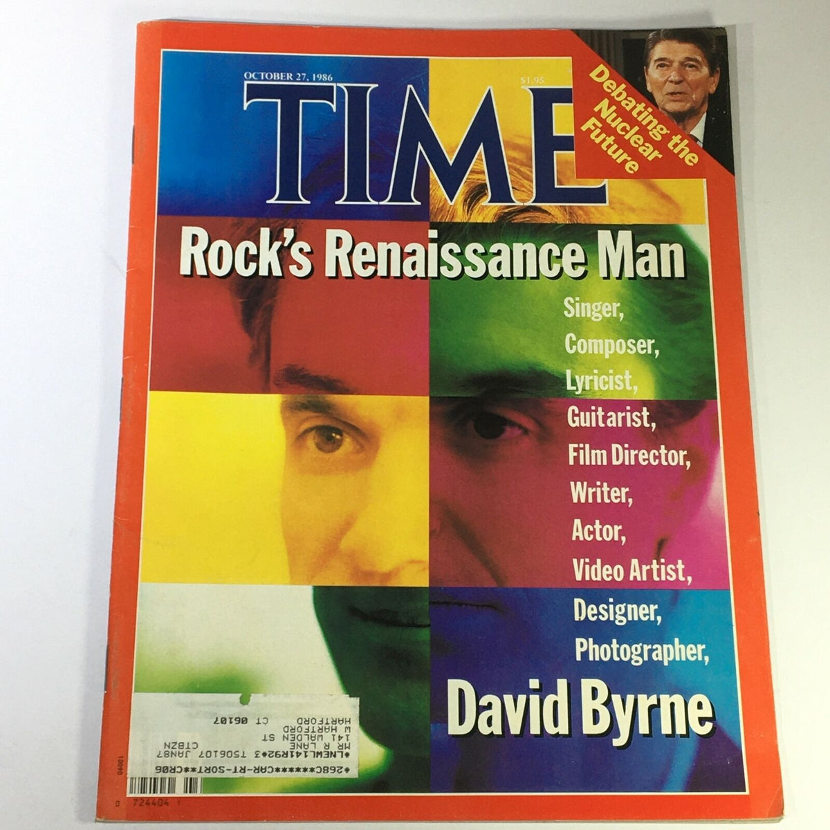 Vintage Time Magazine from October 27, 1986, featuring Renaissance Man David Byrne on the cover, showcasing his multifaceted talents as a singer, composer, and more alongside a mention of Ronald Reagan.