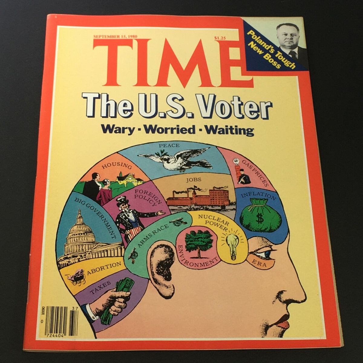 VTG Time Magazine September 15 1980 - Prime Minister Józef Pińkowski cover featuring an illustration depicting U.S. voter concerns including peace, jobs, inflation, and more.
