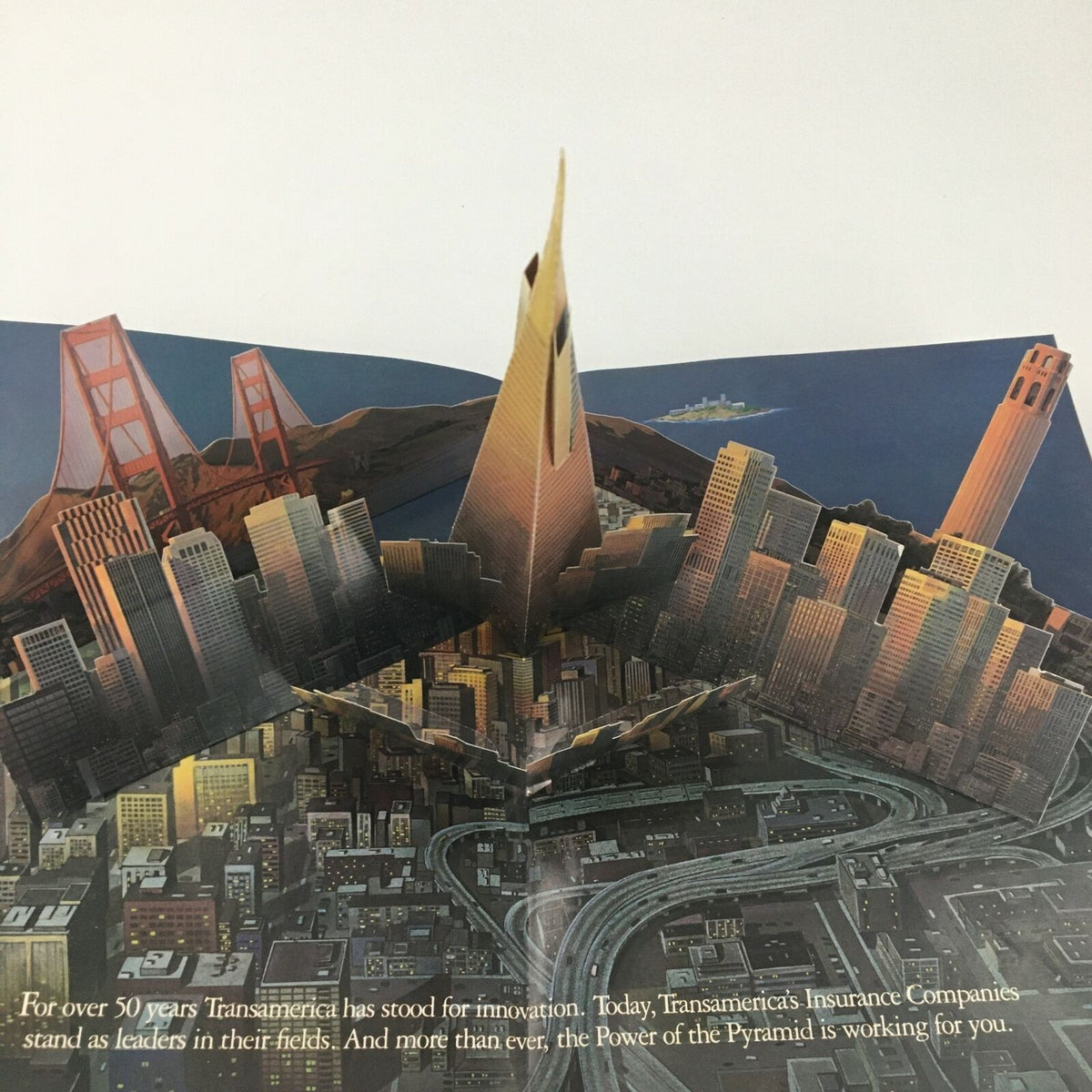Another angle of the interior of the VTG Time Magazine September 8, 1986 displaying a three-dimensional depiction of iconic San Francisco landmarks.