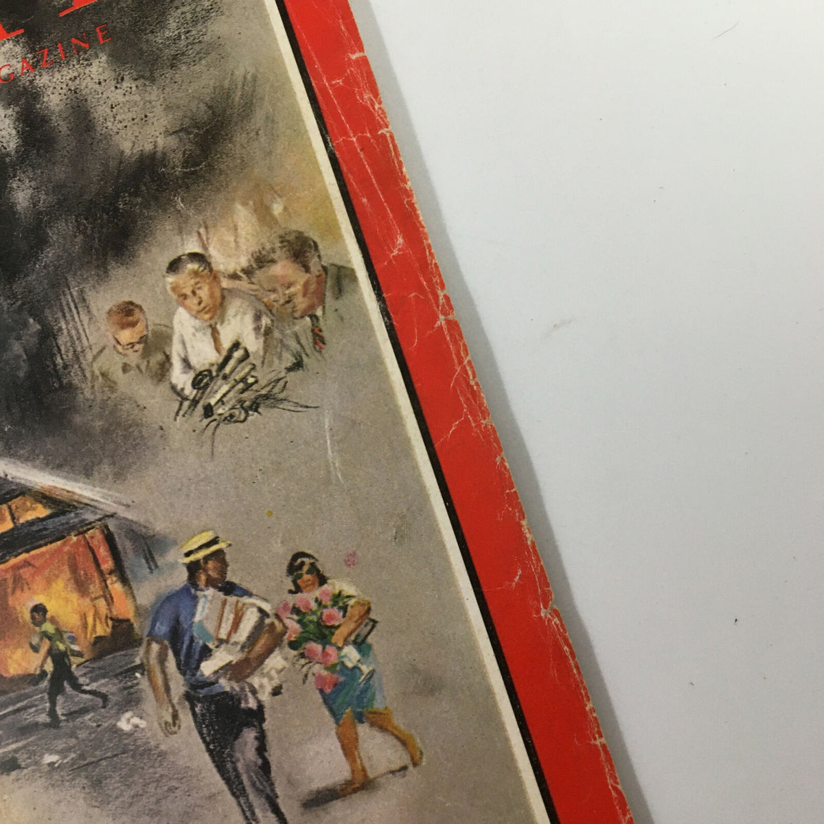 Close-up of the cover illustration from VTG Time Magazine August 4 1967 Vol. 90 No. 5 depicting urban scenes and people reflecting historical moments in Detroit.