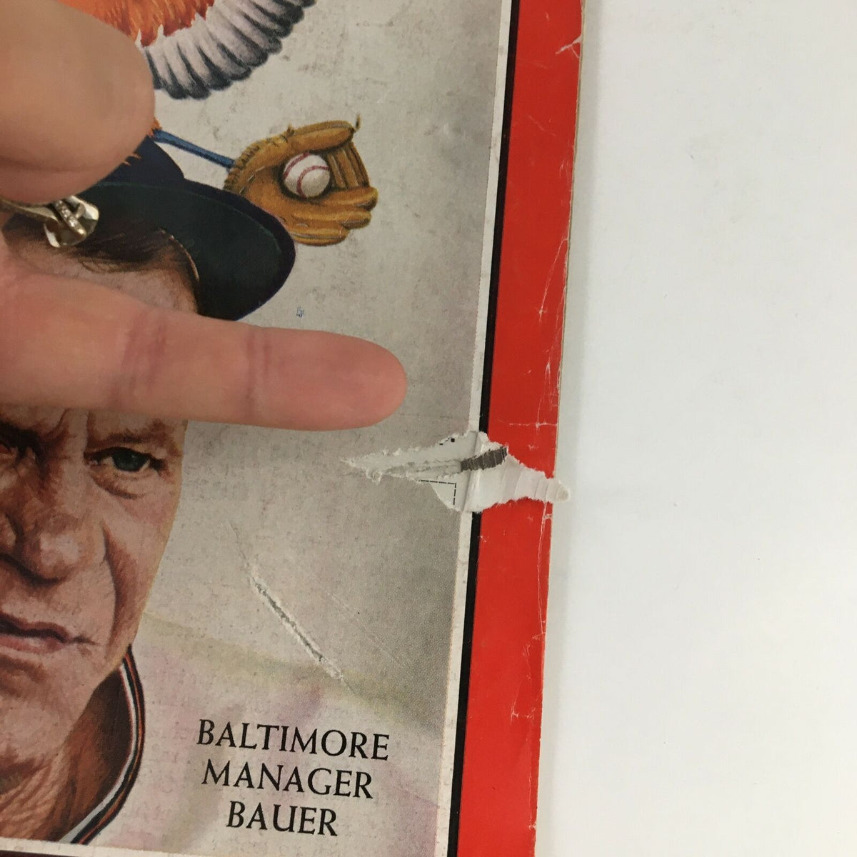 Close-up of Time Magazine September 11 1964 cover, highlighting damage to the paper near the title and the image of Baltimore manager Hank Bauer.