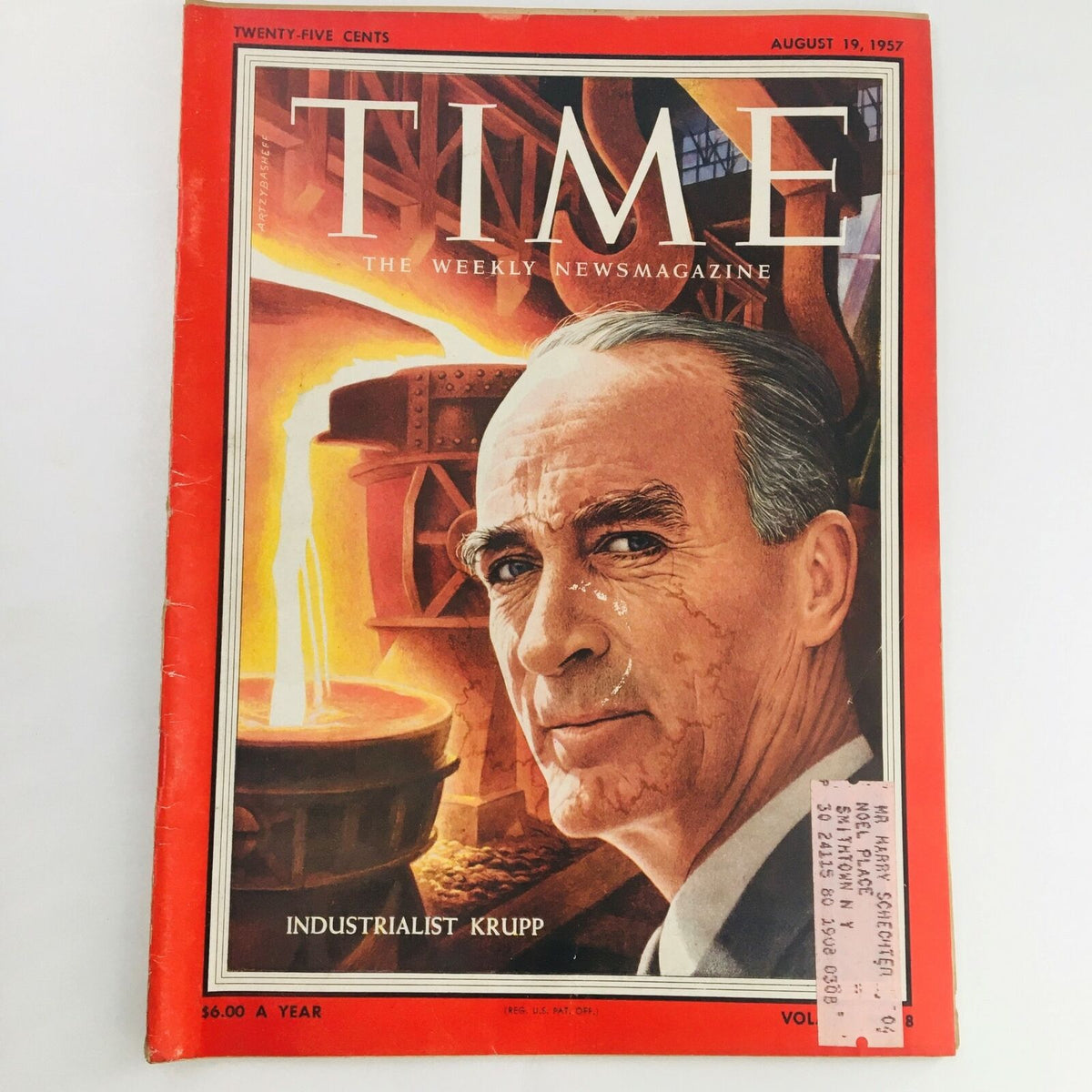 Time Magazine cover from August 19, 1957, featuring a portrait of German industrialist Alfried Krupp, showcasing the historical context of the late 1950s.