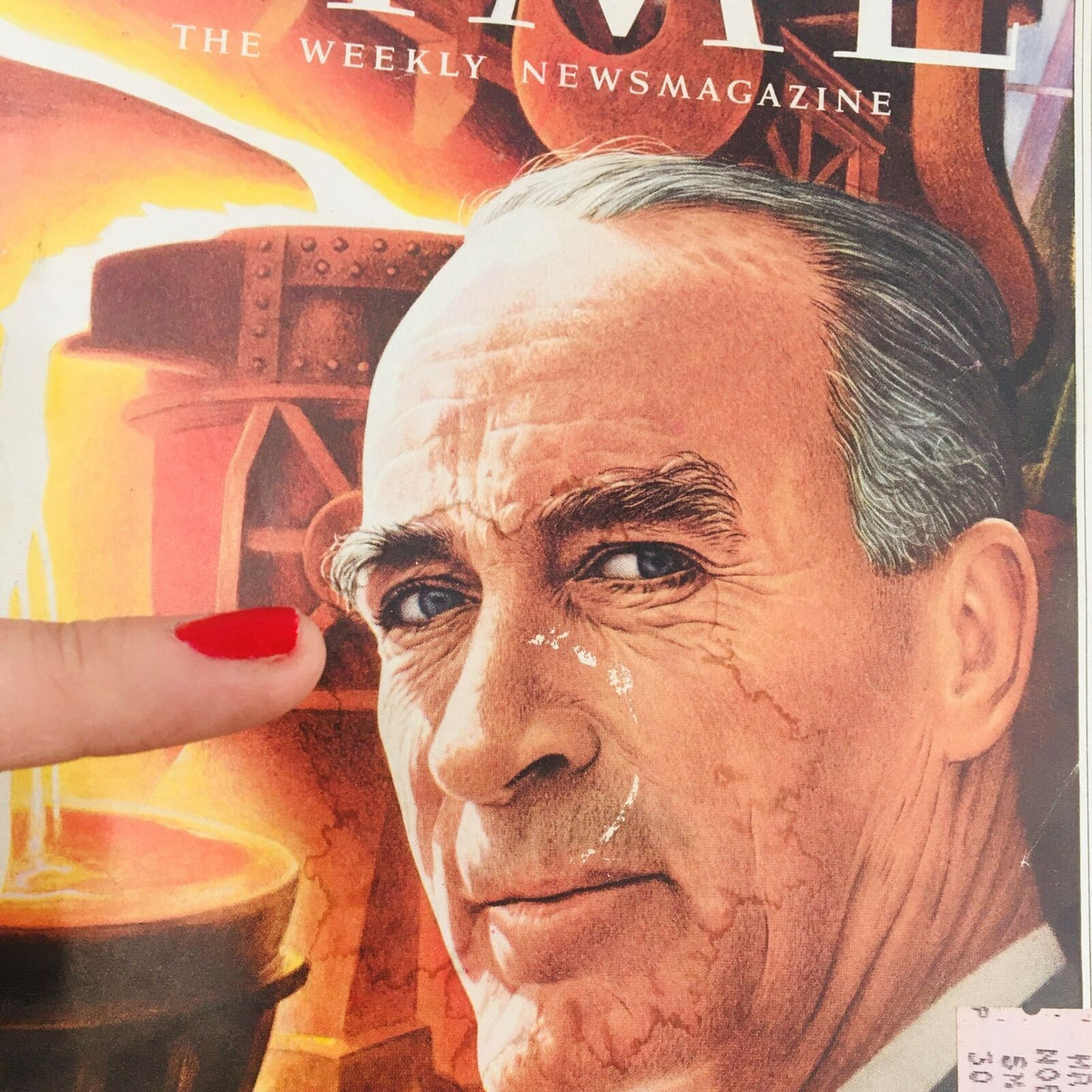 Close-up view of the Time Magazine cover from August 19, 1957, highlighting the details of German industrialist Alfried Krupp's portrait.