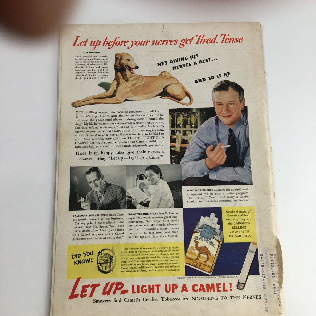 Back cover of Time Magazine December 19 1938, featuring an advertisement for Camel cigarettes with depictions of people enjoying leisure time.