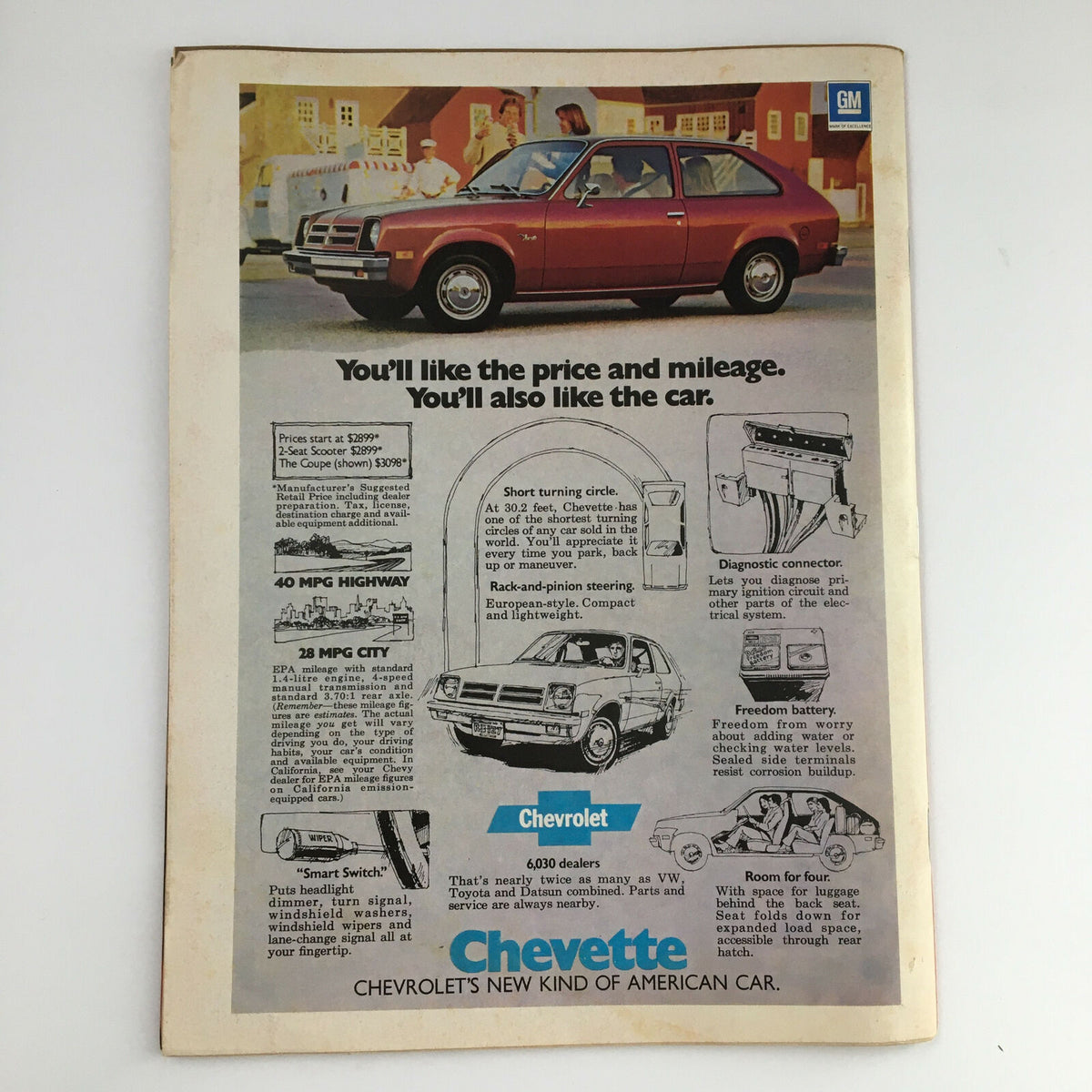 Advertisement for Chevrolet Chevette in Time Magazine September 26 1789, illustrating the car’s features and pricing.