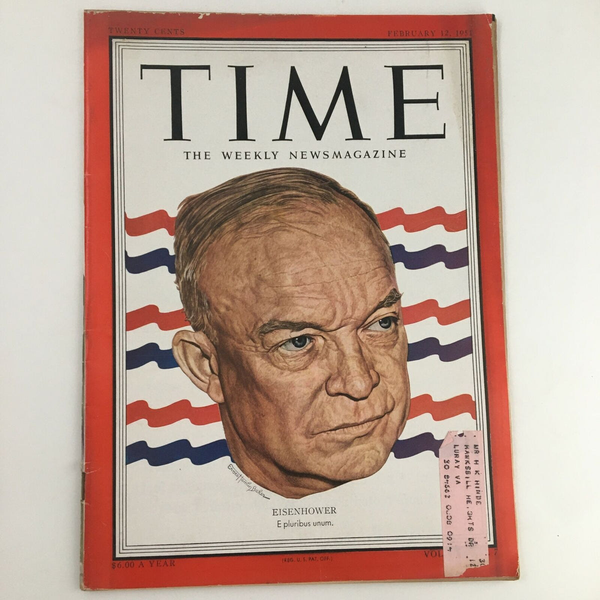 Time Magazine February 12 1951 cover showcasing Dwight E. Eisenhower, featuring a striking illustration and patriotic color scheme with the words 'E Pluribus Unum'.