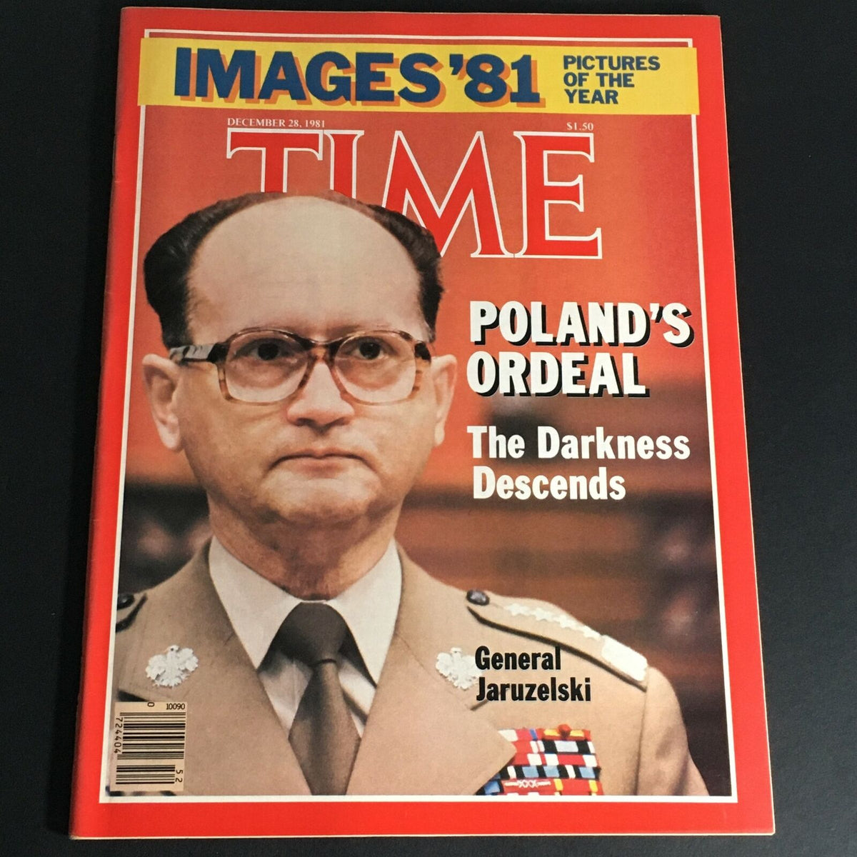Vintage Time Magazine cover from December 28, 1981, featuring the title 'Poland's Ordeal: The Darkness Descends' with an image of General Wojciech Jaruzelski. An insightful historical artifact capturing a pivotal moment in global politics.