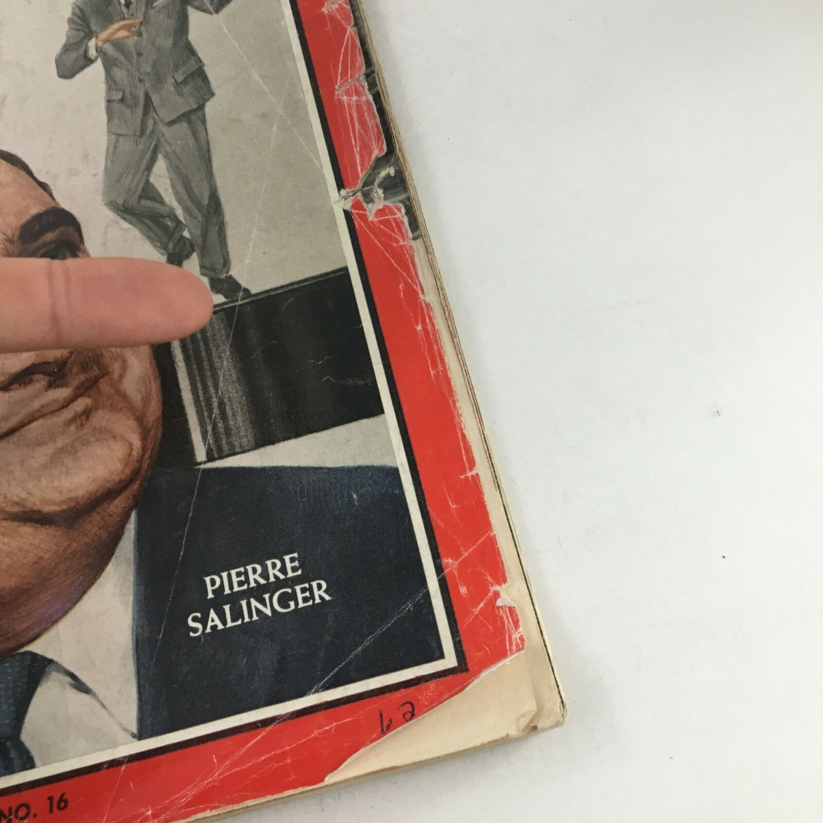 Detailed view of Time Magazine October 16 1964 cover highlighting Pierre Salinger's name and the magazine's vintage condition.