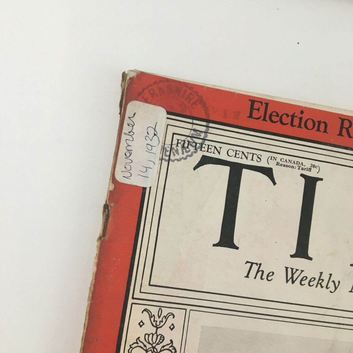 Cover of Time Magazine, November 14, 1932, featuring the date, the title 'Time', and indications of its publication details.