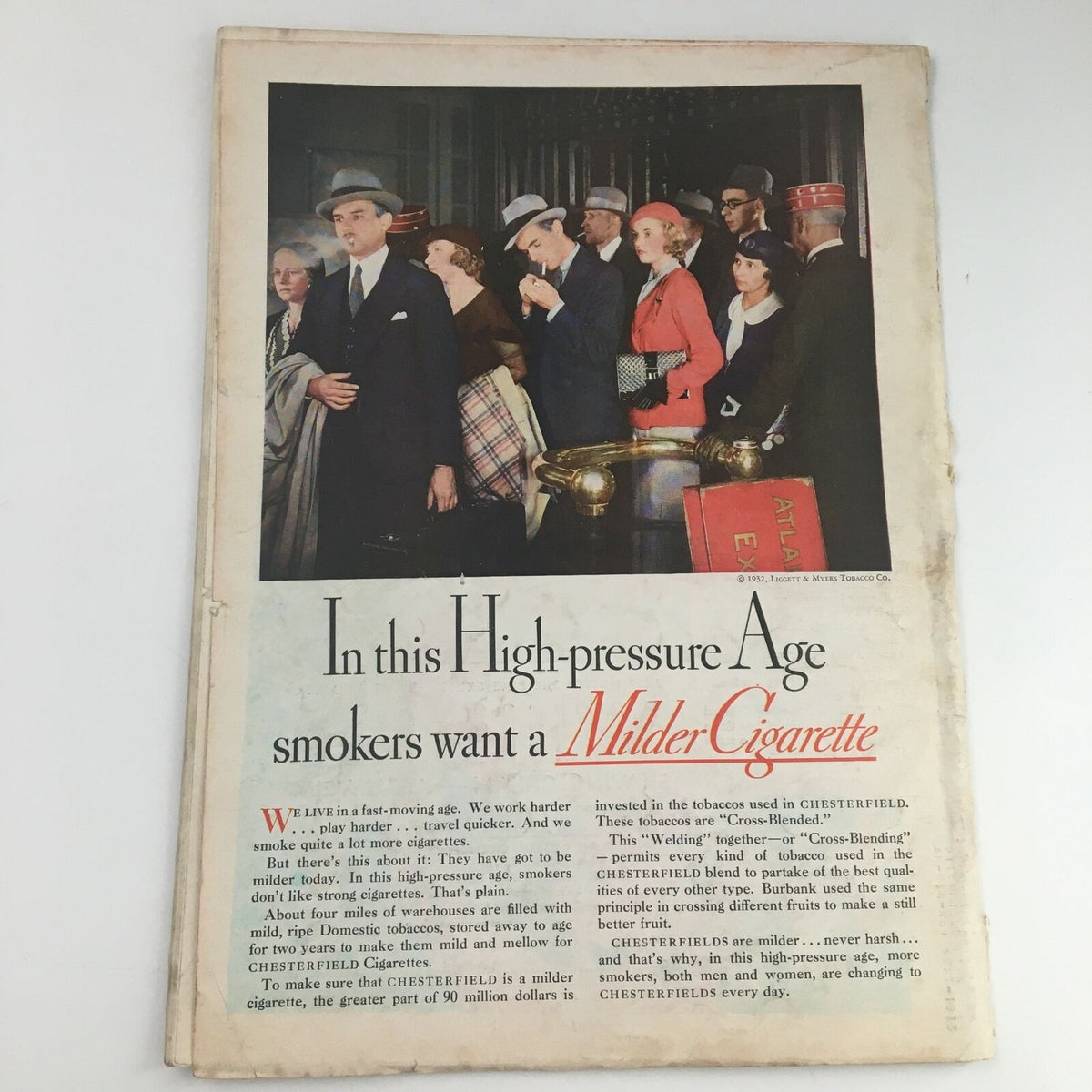 Back cover of Time Magazine, November 14, 1932, showcasing an advertisement for Chesterfield Cigarettes in a social setting.