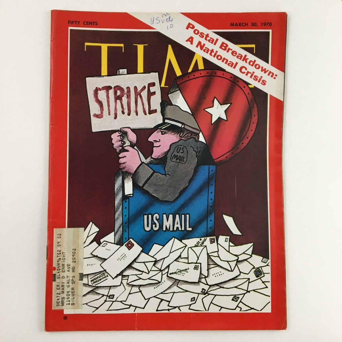 Cover of Time Magazine from March 30, 1970, Vol. 95 No. 13, featuring an illustration of a postal worker striking amidst a pile of letters, highlighting the article 'US Mail Breakdown: A National Crisis'.