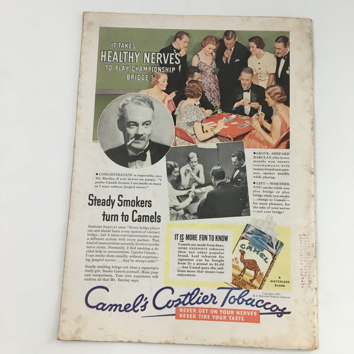 Time Magazine October 30, 1933 Vol 22 #18 featuring an advertisement for Camel Cigarettes, showcasing people playing bridge and discussing the game, highlighting the social aspect and enjoyment of leisure activities from that era.