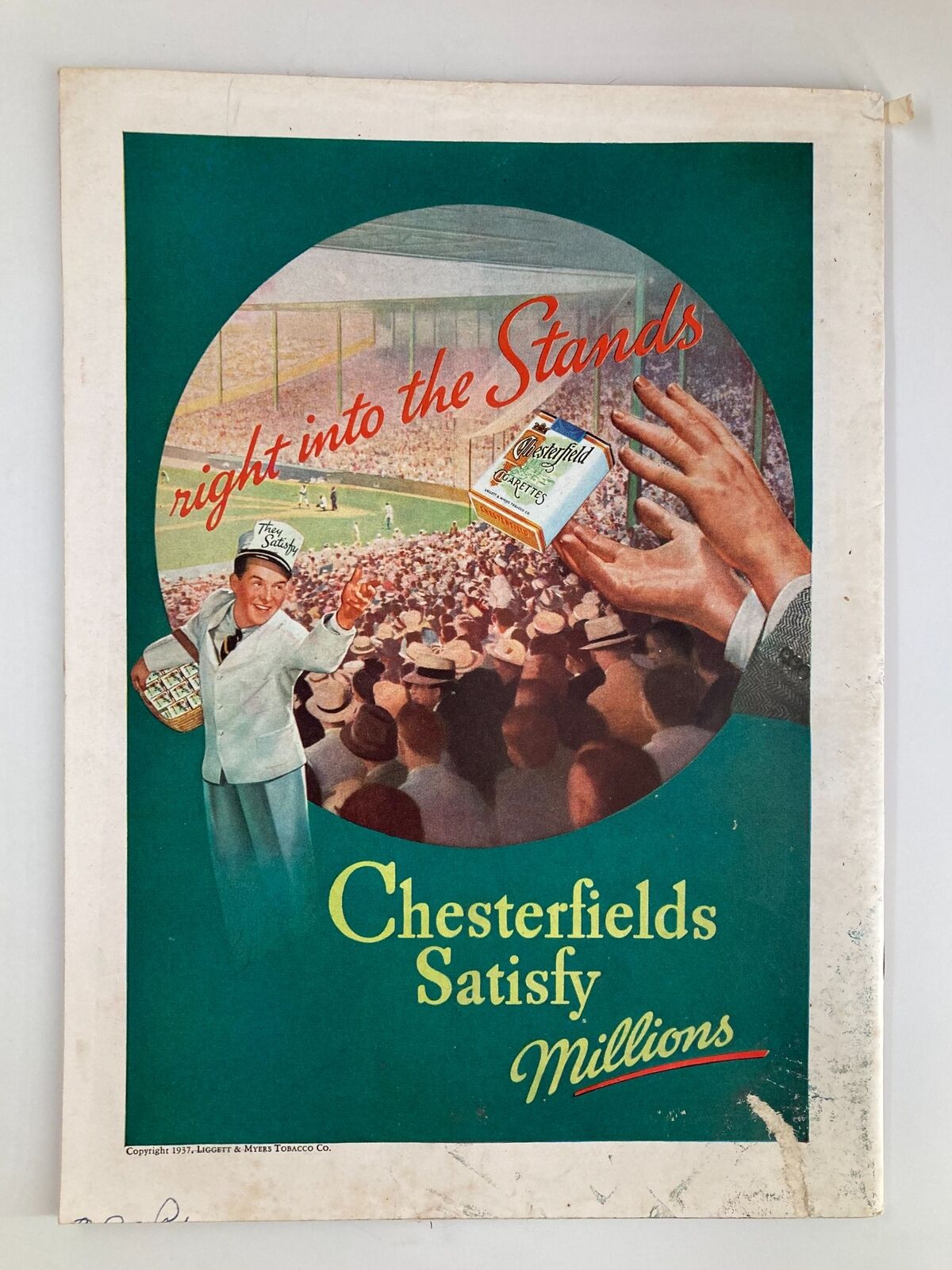 Back cover of the vintage Time Magazine from August 23, 1937, featuring an advertisement for Chesterfield cigarettes, illustrating the sports theme.