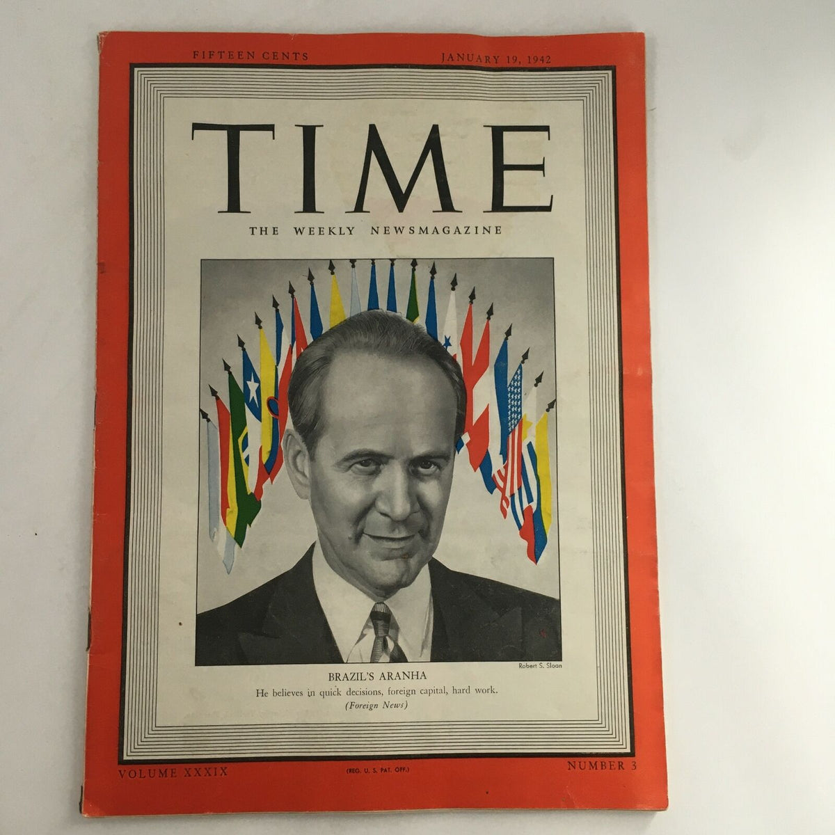 Time Magazine cover from January 19, 1942, featuring Brazilian politician Oswaldo Aranha. The cover displays multiple international flags and includes a portrait of Aranha, emphasizing his influence on foreign affairs.