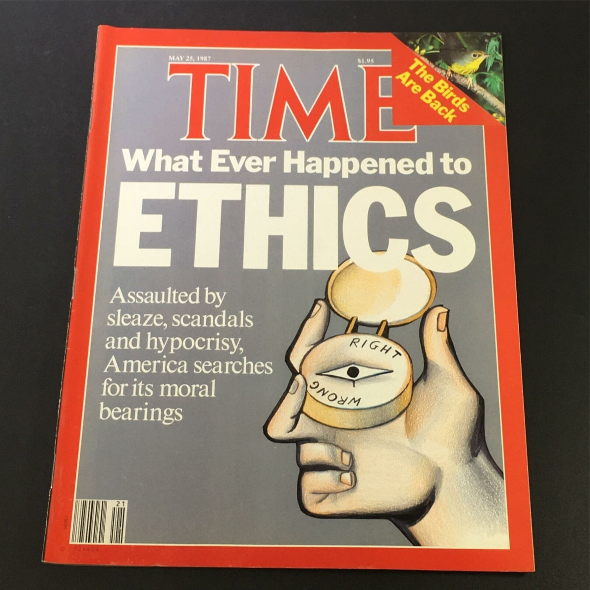 Cover of VTG Time Magazine from May 25, 1987, featuring the article 'What Ever Happened to Ethics.' The cover illustrates a hand holding a compass signifying moral direction with the words 'RIGHT' and 'WRONG,' showcasing the magazine's focus on ethical dilemmas in America.