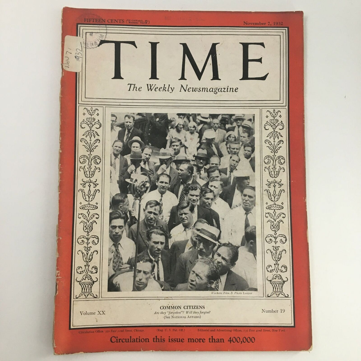Historical Time Magazine from November 7, 1932, Volume 20, Issue #19, featuring a cover photo related to the Common Workers Film & Photo League.