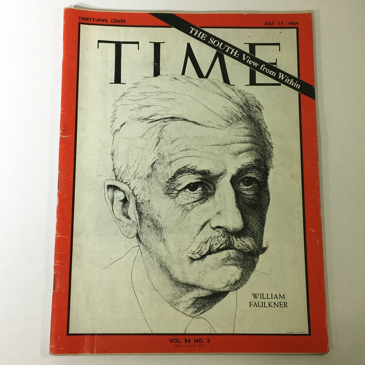 Cover of VTG Time Magazine from July 17, 1964, featuring William Faulkner, with the headline 'The South: View from Within' showcasing a sketch of Faulkner.