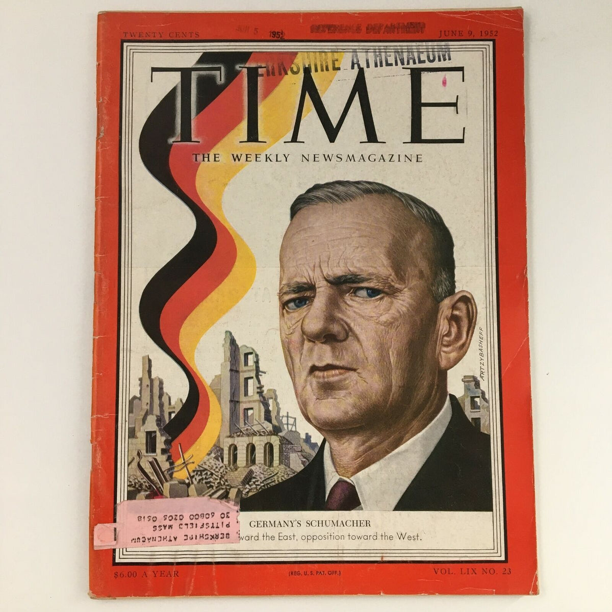 Cover of Time Magazine dated June 9, 1952, Volume 59, Number 23 featuring German Politician Kurt Schumacher, depicting a serious portrait alongside historical imagery.