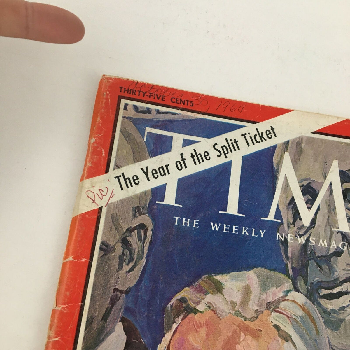 Close-up image of Time Magazine from October 30, 1964 featuring Kenneth Keating, showcasing the cover with detail on the title "The Year of the Split Ticket" and minor wear.