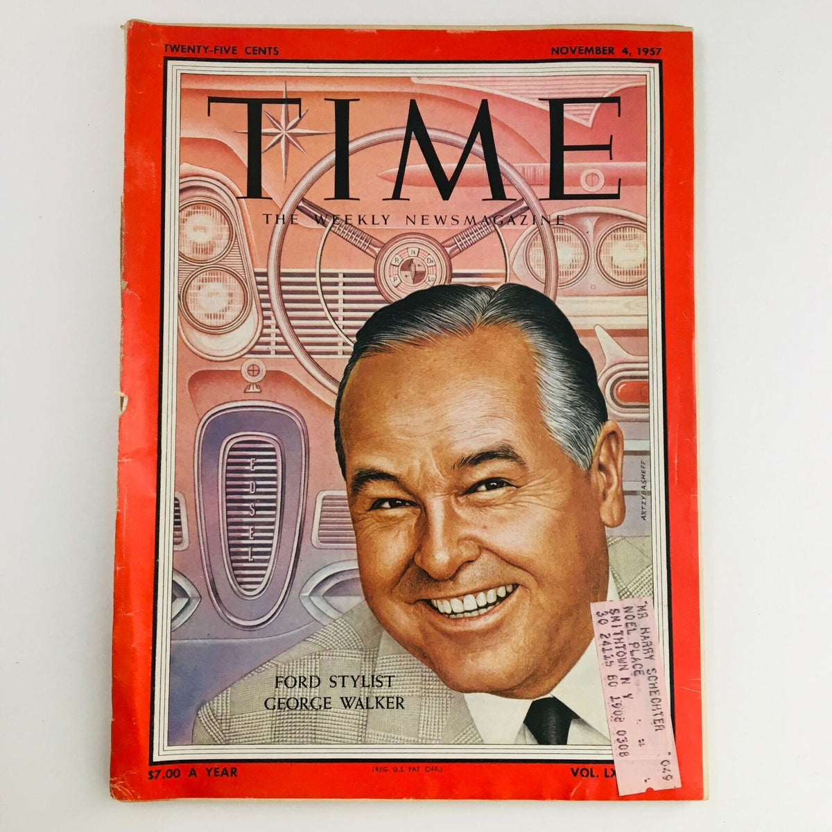 Cover of Time Magazine from November 4, 1957, showcasing Ford Stylist George Walker, featuring a vintage automotive design backdrop.