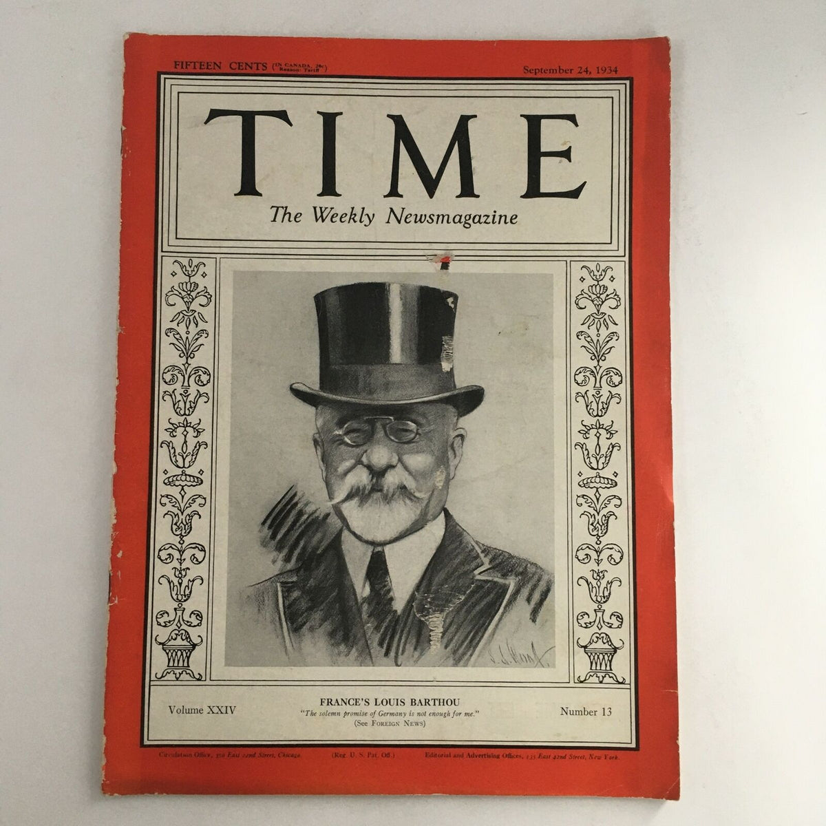 Time Magazine September 24, 1934 featuring a portrait of France's Prime Minister Louis Barthou, Volume 24, Number 13, highlighting historical context and political insights of the era.