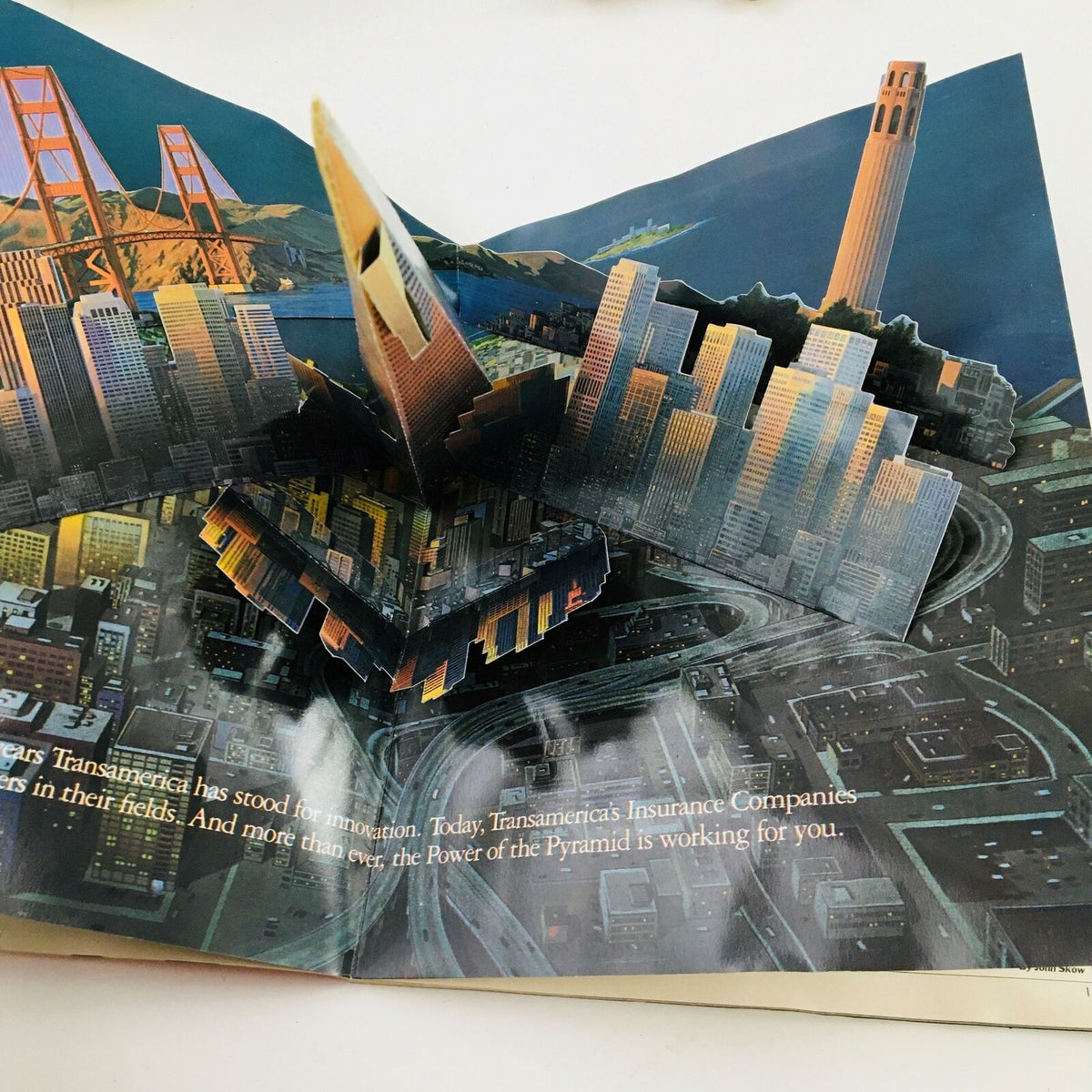 Pop-up illustration from VTG Time Magazine September 8 1986 featuring a 3D depiction of San Francisco skyline, including the Golden Gate Bridge and prominent buildings.