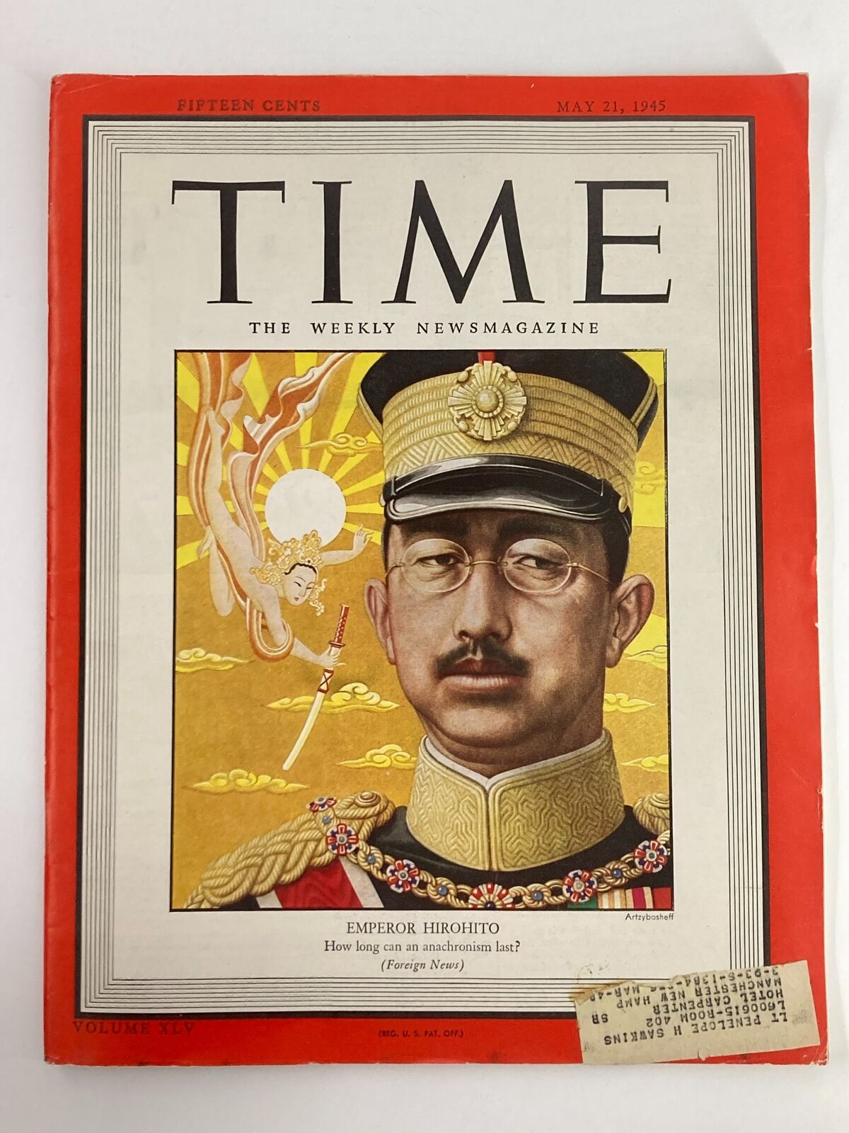 Vintage Time Magazine dated May 21, 1945, featuring Emperor Hirohito of Japan on the cover, showcasing a distinct design and historical context during World War II.